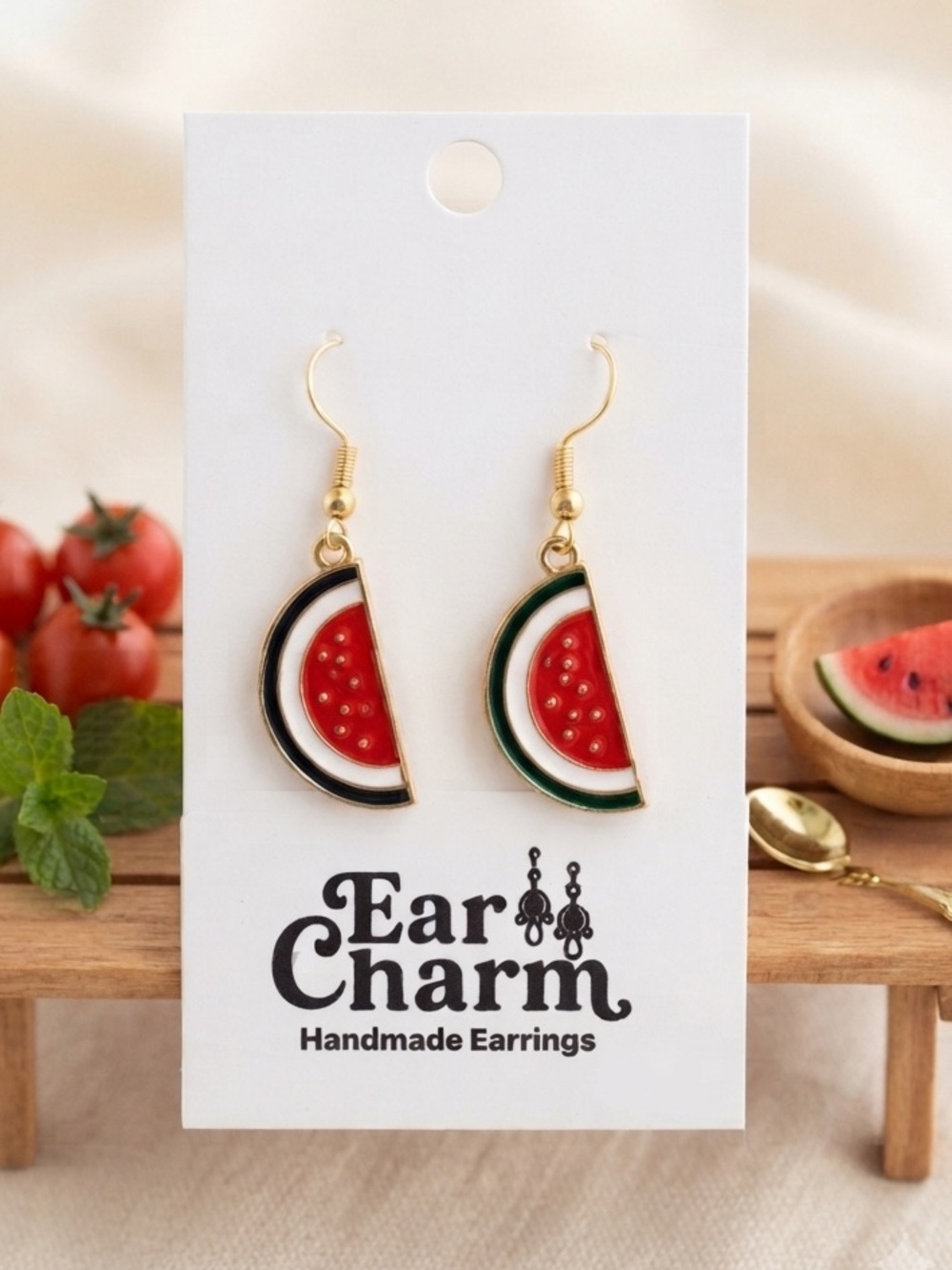 New Handmade Watermelon Half Drop Earrings - Red & Green